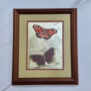 Vintage Butterfly Foil Print Wood Frame Metallic Foil Etching Mid Century Boho